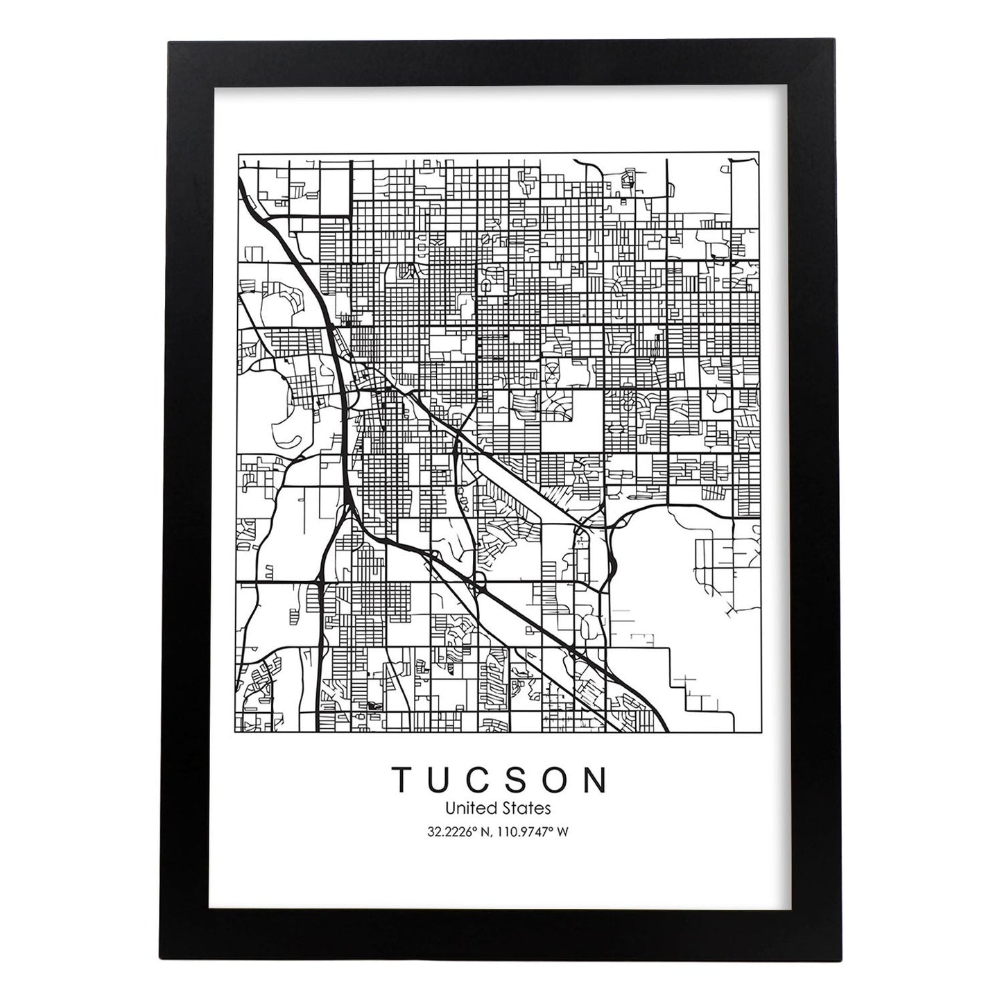 Poster con mapa de Tucson. Lámina de Estados Unidos, con imágenes de mapas y carreteras-Artwork-Nacnic-A3-Marco Negro-Nacnic Estudio SL