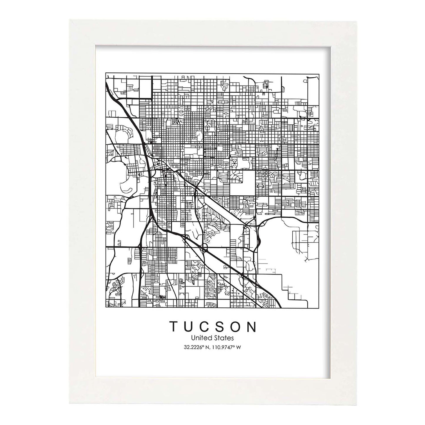Poster con mapa de Tucson. Lámina de Estados Unidos, con imágenes de mapas y carreteras-Artwork-Nacnic-A4-Marco Blanco-Nacnic Estudio SL