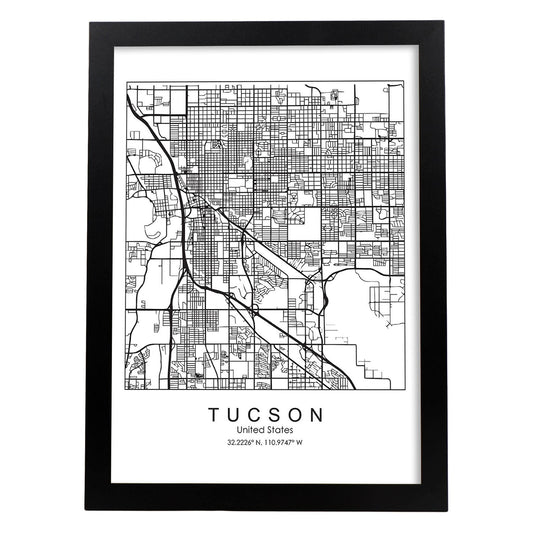 Poster con mapa de Tucson. Lámina de Estados Unidos, con imágenes de mapas y carreteras-Artwork-Nacnic-A4-Marco Negro-Nacnic Estudio SL