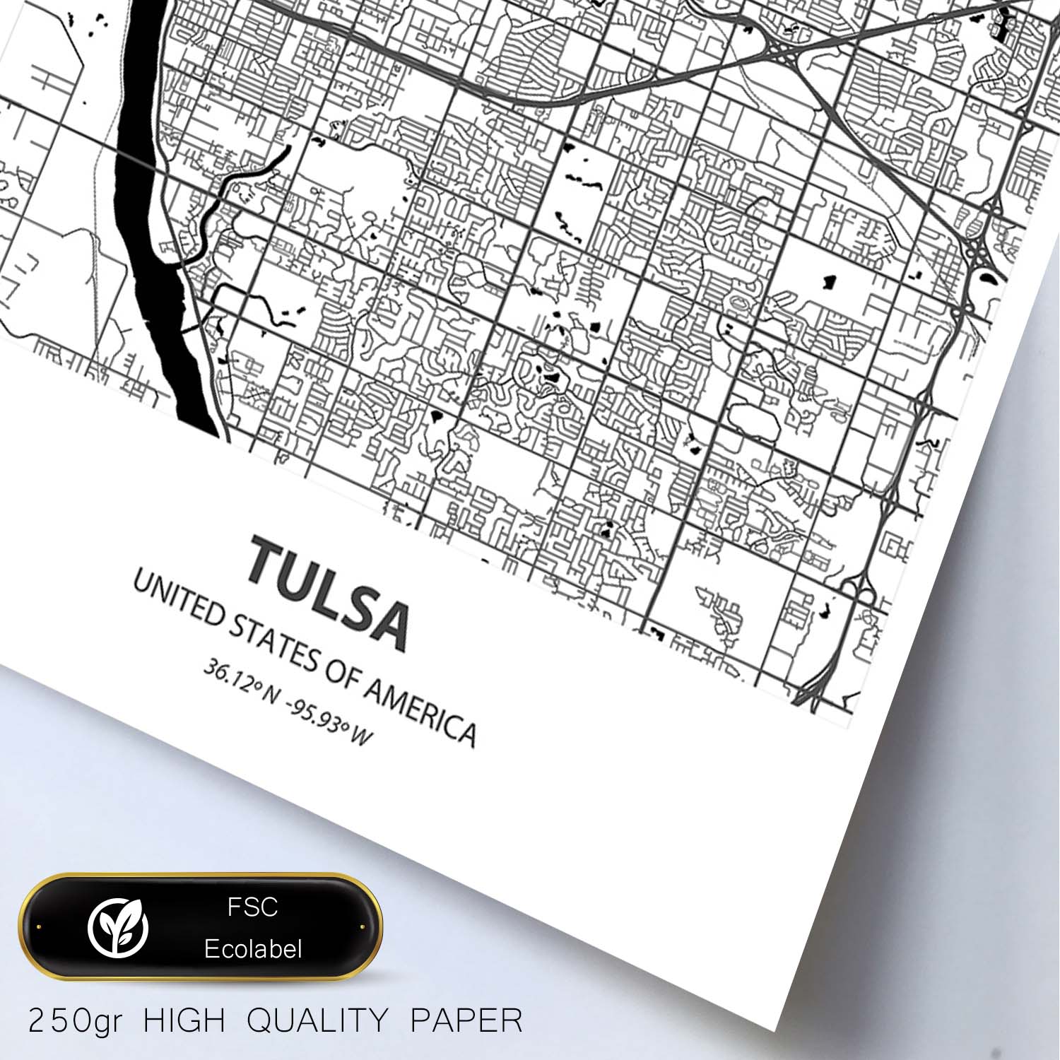 Poster con mapa de Tulsa - USA. Láminas de ciudades de Estados Unidos con mares y ríos en color negro.-Artwork-Nacnic-Nacnic Estudio SL