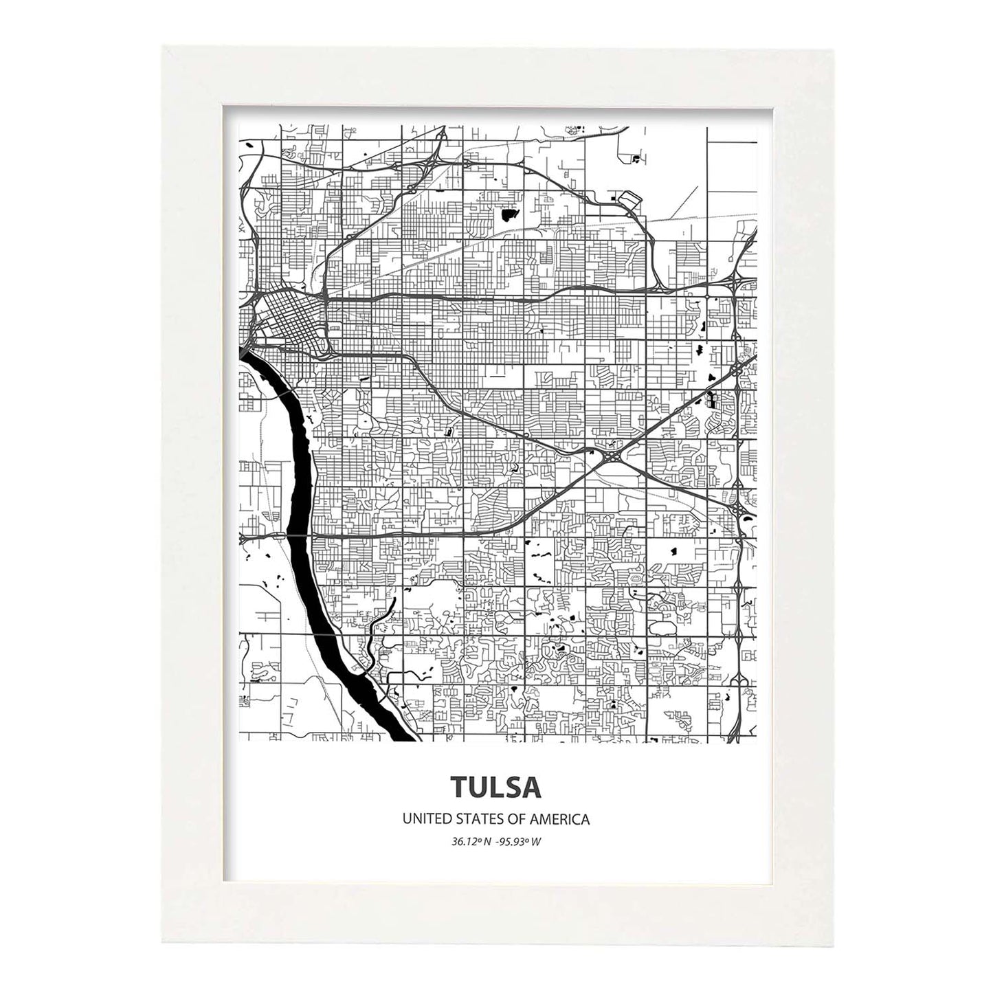 Poster con mapa de Tulsa - USA. Láminas de ciudades de Estados Unidos con mares y ríos en color negro.-Artwork-Nacnic-A3-Marco Blanco-Nacnic Estudio SL