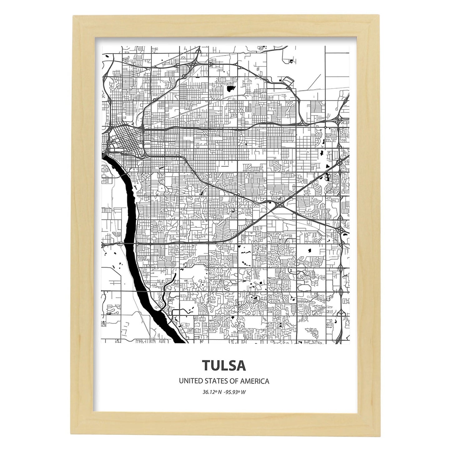 Poster con mapa de Tulsa - USA. Láminas de ciudades de Estados Unidos con mares y ríos en color negro.-Artwork-Nacnic-A3-Marco Madera clara-Nacnic Estudio SL