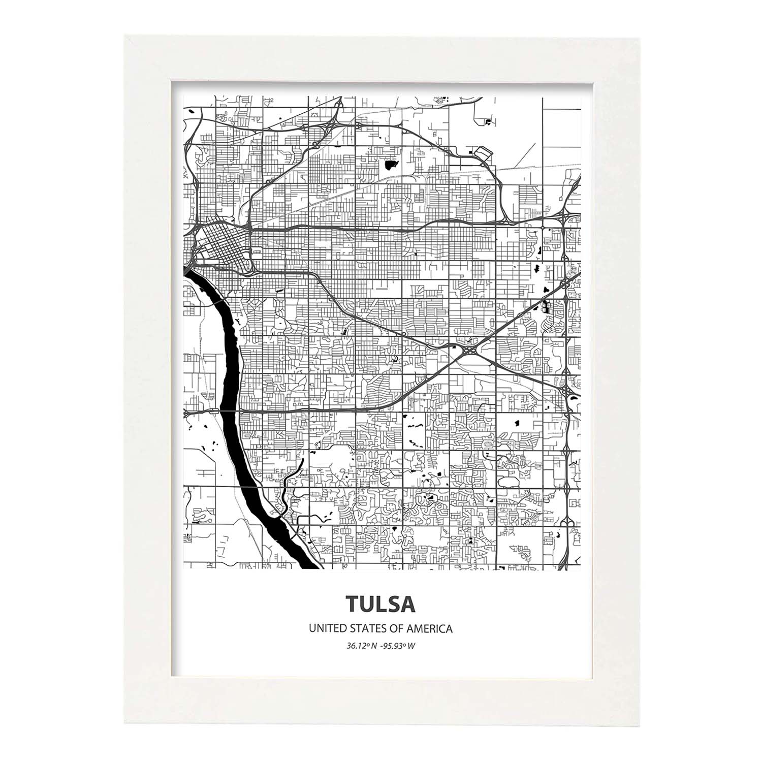 Poster con mapa de Tulsa - USA. Láminas de ciudades de Estados Unidos con mares y ríos en color negro.-Artwork-Nacnic-A4-Marco Blanco-Nacnic Estudio SL