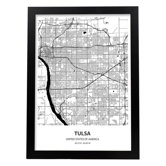 Poster con mapa de Tulsa - USA. Láminas de ciudades de Estados Unidos con mares y ríos en color negro.-Artwork-Nacnic-A4-Marco Negro-Nacnic Estudio SL