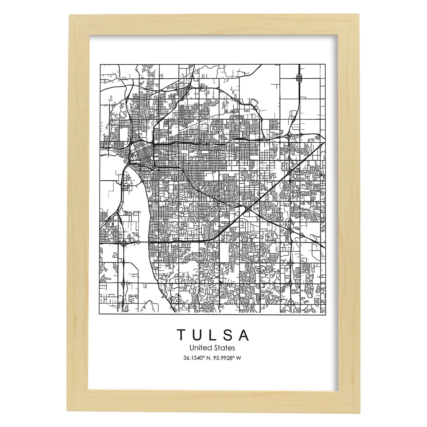 Poster con mapa de Tulsa. Lámina de Estados Unidos, con imágenes de mapas y carreteras-Artwork-Nacnic-A3-Marco Madera clara-Nacnic Estudio SL
