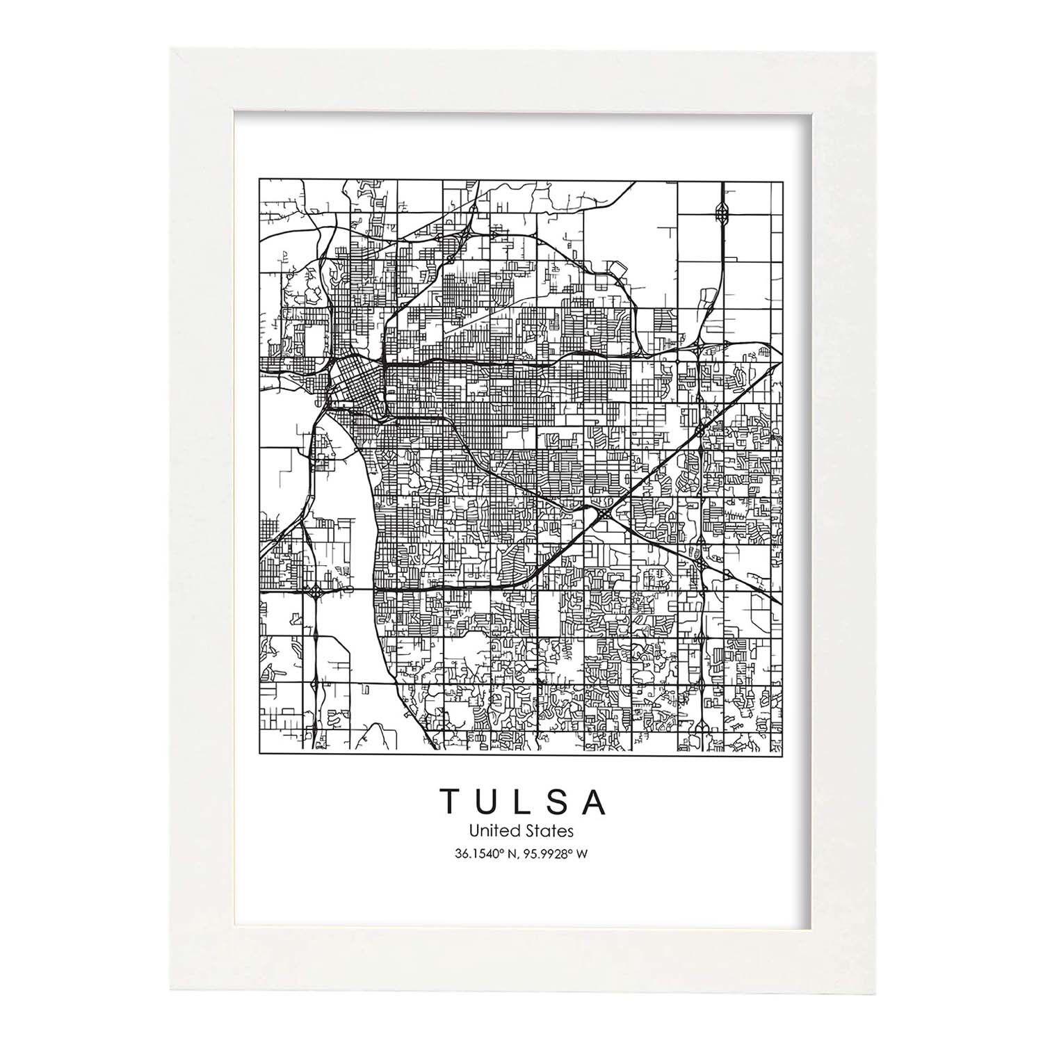 Poster con mapa de Tulsa. Lámina de Estados Unidos, con imágenes de mapas y carreteras-Artwork-Nacnic-A4-Marco Blanco-Nacnic Estudio SL