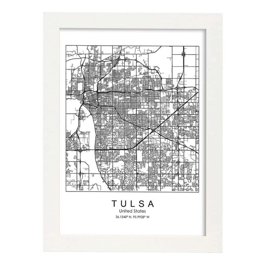 Poster con mapa de Tulsa. Lámina de Estados Unidos, con imágenes de mapas y carreteras-Artwork-Nacnic-A4-Marco Blanco-Nacnic Estudio SL