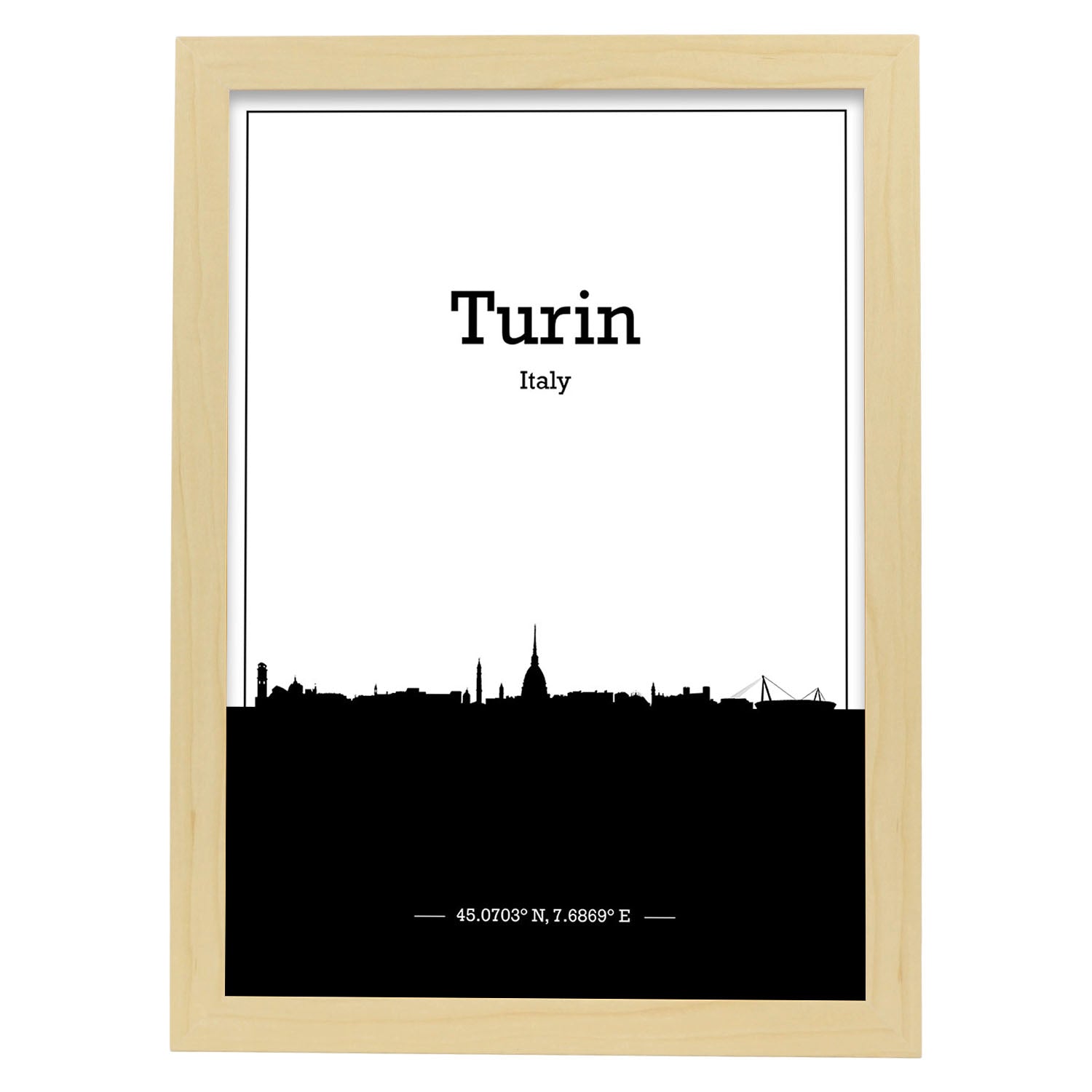 Poster con mapa de Turin - Italia. Láminas con Skyline de ciudades de Italia con sombra negra.-Artwork-Nacnic-A3-Marco Madera clara-Nacnic Estudio SL