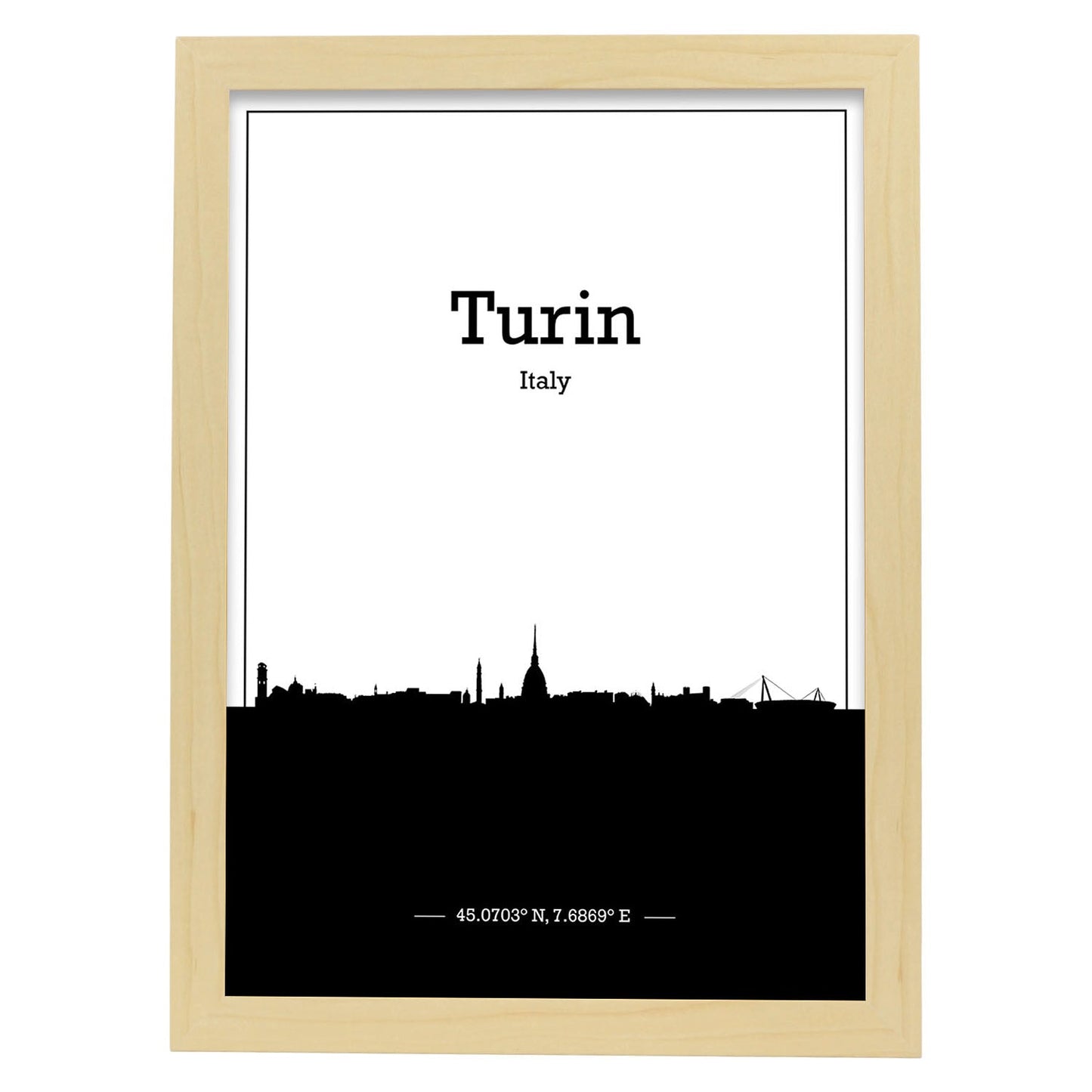 Poster con mapa de Turin - Italia. Láminas con Skyline de ciudades de Italia con sombra negra.-Artwork-Nacnic-A4-Marco Madera clara-Nacnic Estudio SL