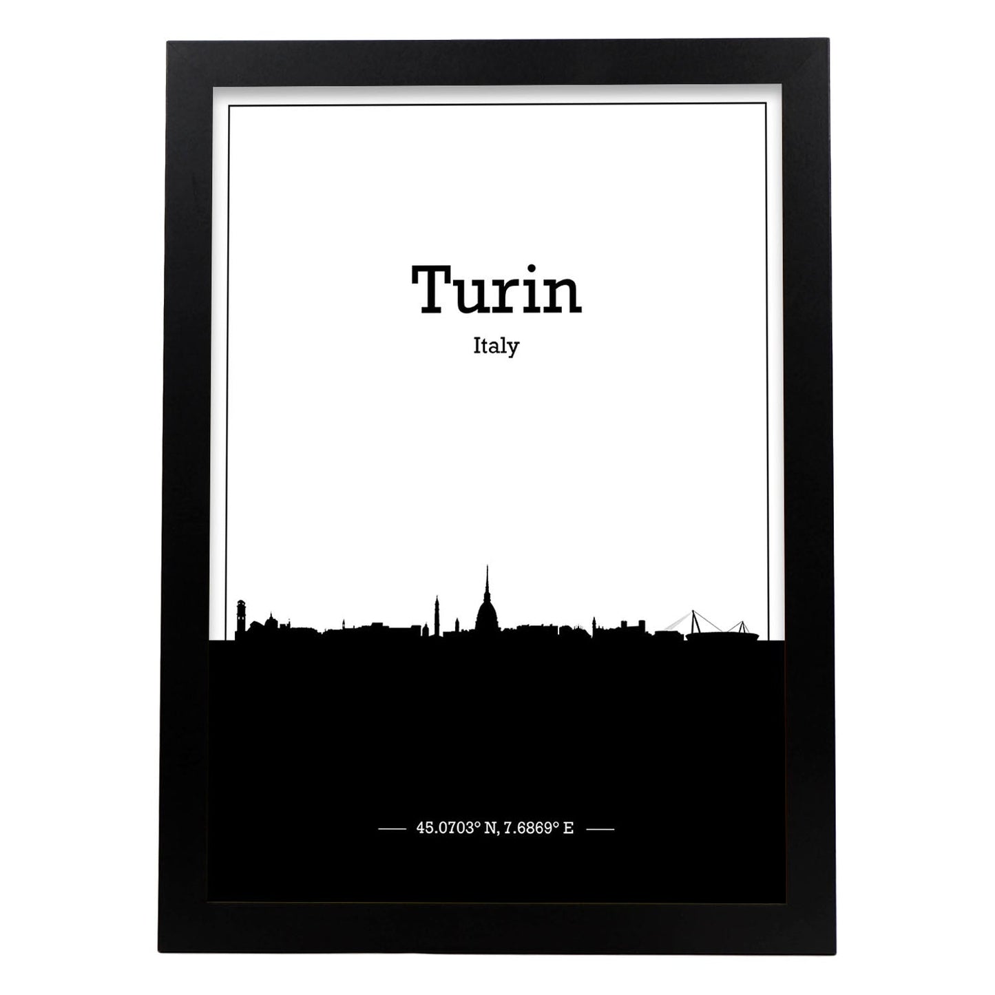 Poster con mapa de Turin - Italia. Láminas con Skyline de ciudades de Italia con sombra negra.-Artwork-Nacnic-A4-Marco Negro-Nacnic Estudio SL
