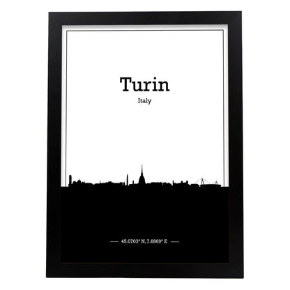 Poster con mapa de Turin - Italia. Láminas con Skyline de ciudades de Italia con sombra negra.-Artwork-Nacnic-A4-Marco Negro-Nacnic Estudio SL