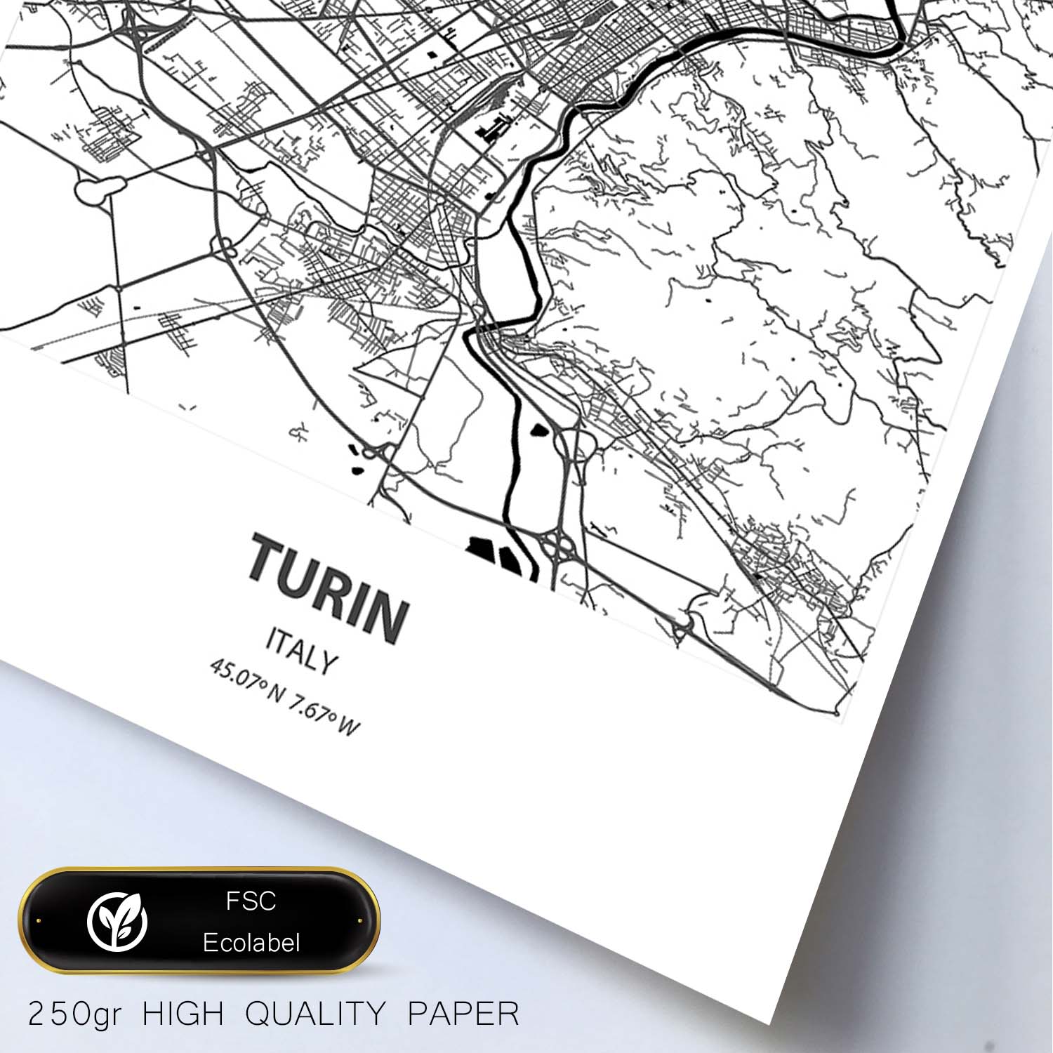 Poster con mapa de Turin - Italia. Láminas de ciudades de Italia con mares y ríos en color negro.-Artwork-Nacnic-Nacnic Estudio SL
