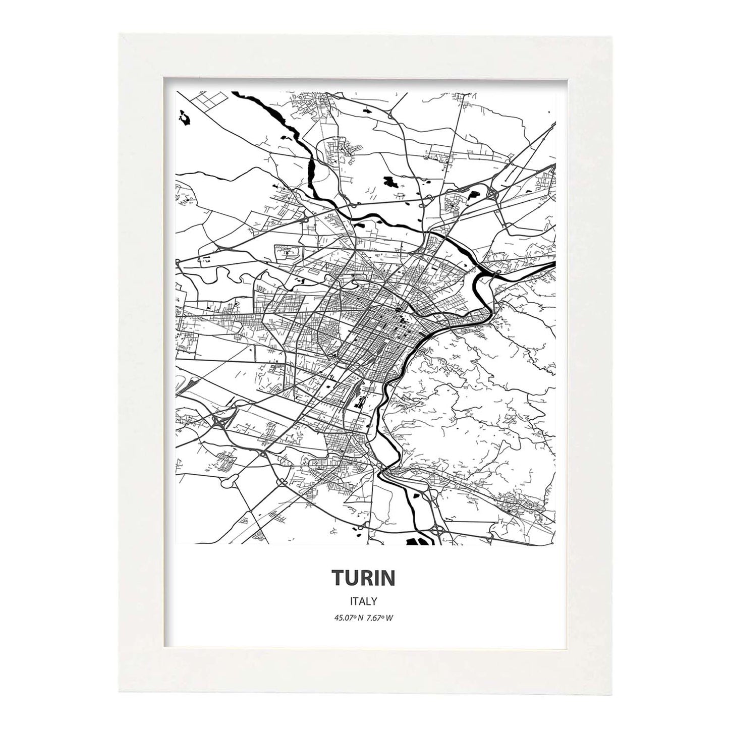 Poster con mapa de Turin - Italia. Láminas de ciudades de Italia con mares y ríos en color negro.-Artwork-Nacnic-A3-Marco Blanco-Nacnic Estudio SL