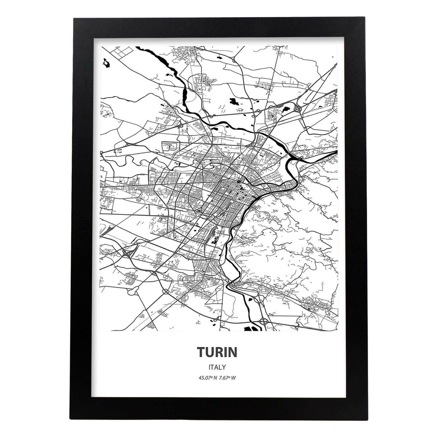 Poster con mapa de Turin - Italia. Láminas de ciudades de Italia con mares y ríos en color negro.-Artwork-Nacnic-A3-Marco Negro-Nacnic Estudio SL