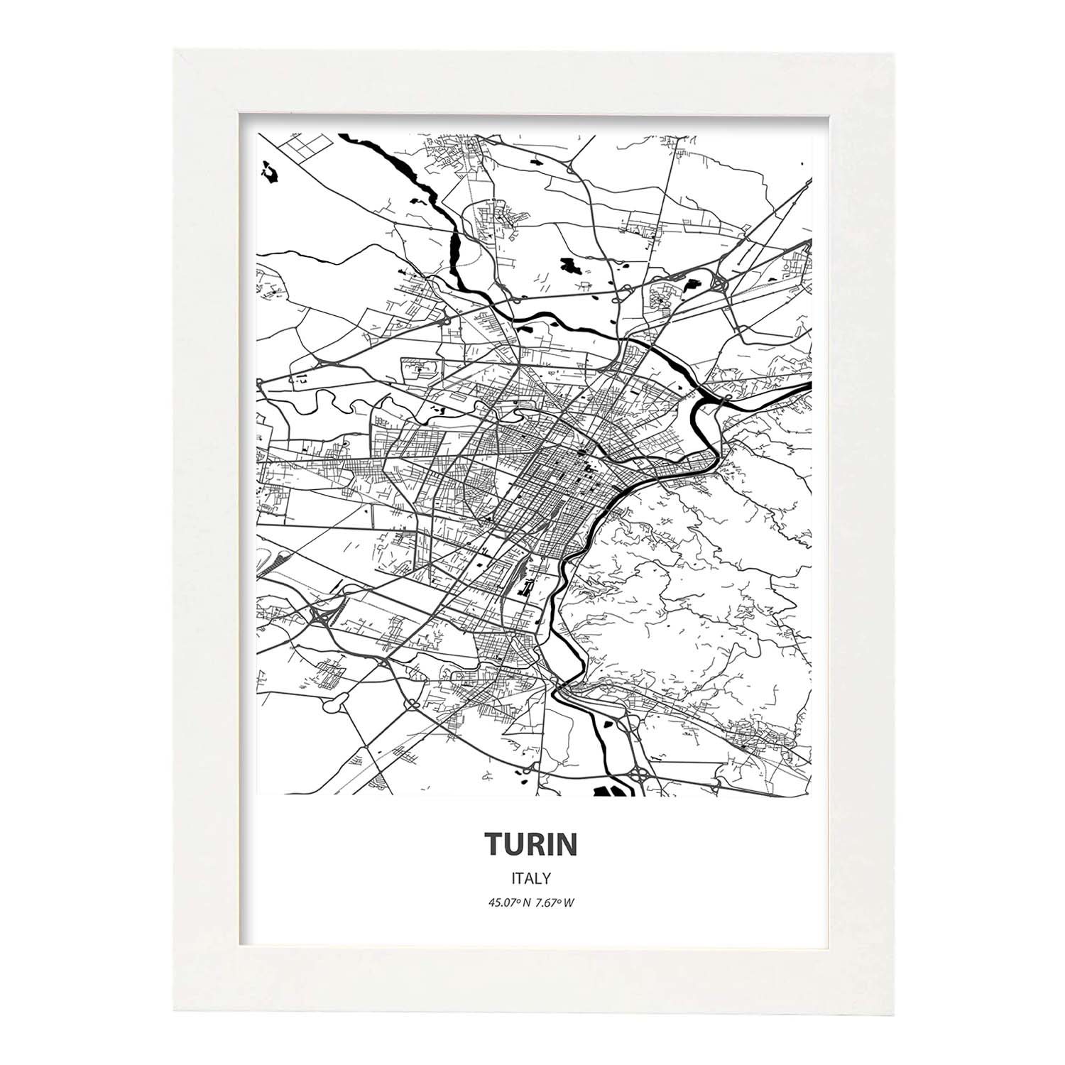 Poster con mapa de Turin - Italia. Láminas de ciudades de Italia con mares y ríos en color negro.-Artwork-Nacnic-A4-Marco Blanco-Nacnic Estudio SL
