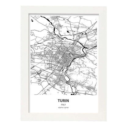Poster con mapa de Turin - Italia. Láminas de ciudades de Italia con mares y ríos en color negro.-Artwork-Nacnic-A4-Marco Blanco-Nacnic Estudio SL