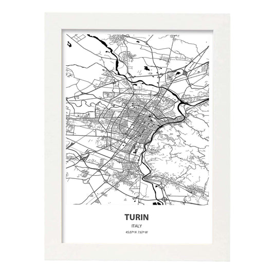 Poster con mapa de Turin - Italia. Láminas de ciudades de Italia con mares y ríos en color negro.-Artwork-Nacnic-A4-Marco Blanco-Nacnic Estudio SL