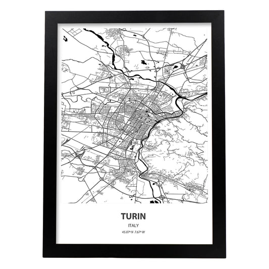 Poster con mapa de Turin - Italia. Láminas de ciudades de Italia con mares y ríos en color negro.-Artwork-Nacnic-A4-Marco Negro-Nacnic Estudio SL