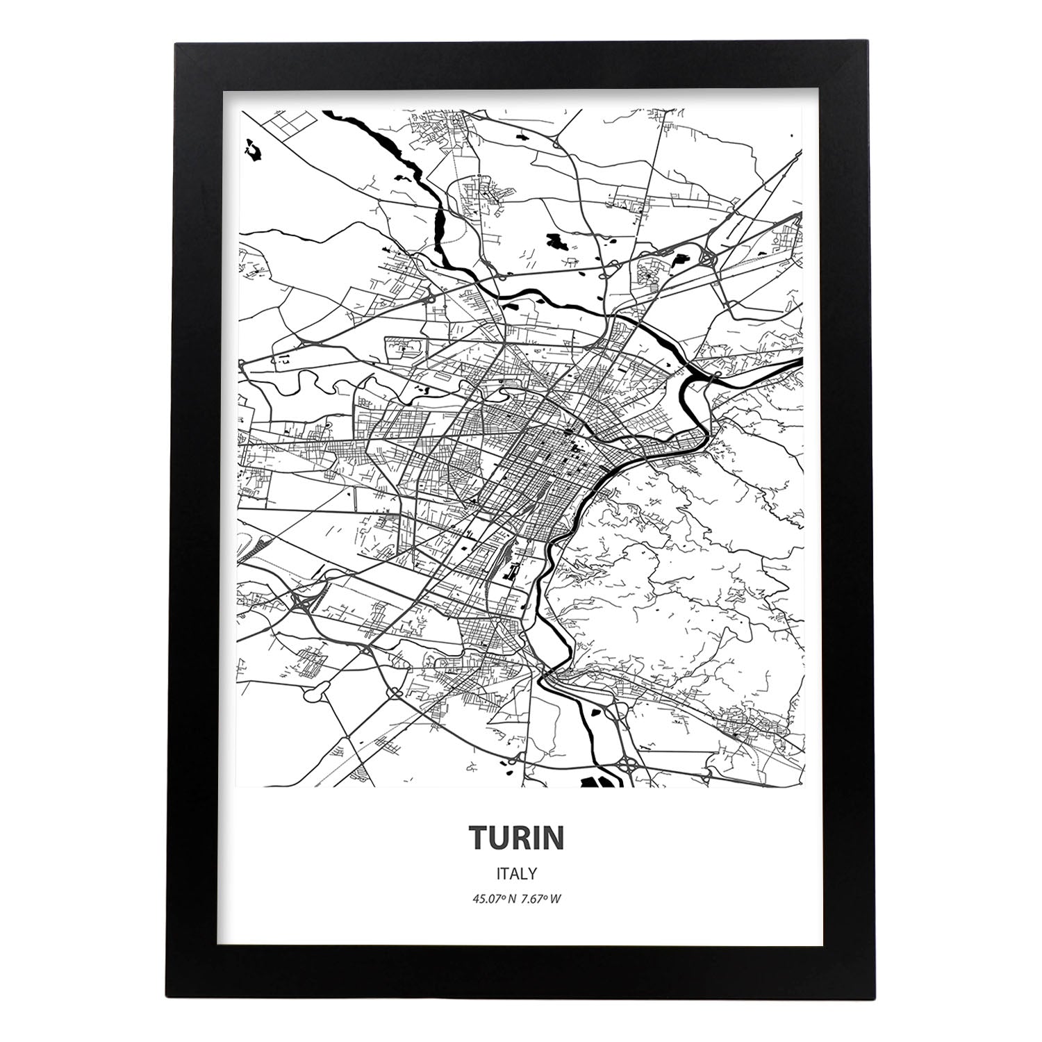 Poster con mapa de Turin - Italia. Láminas de ciudades de Italia con mares y ríos en color negro.-Artwork-Nacnic-A4-Marco Negro-Nacnic Estudio SL