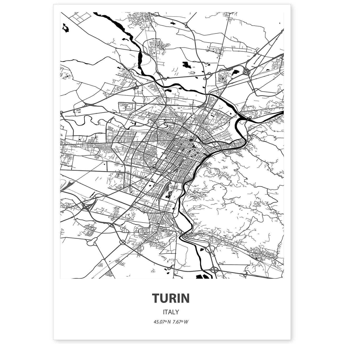 Poster con mapa de Turin - Italia. Láminas de ciudades de Italia con mares y ríos en color negro.-Artwork-Nacnic-A4-Sin marco-Nacnic Estudio SL