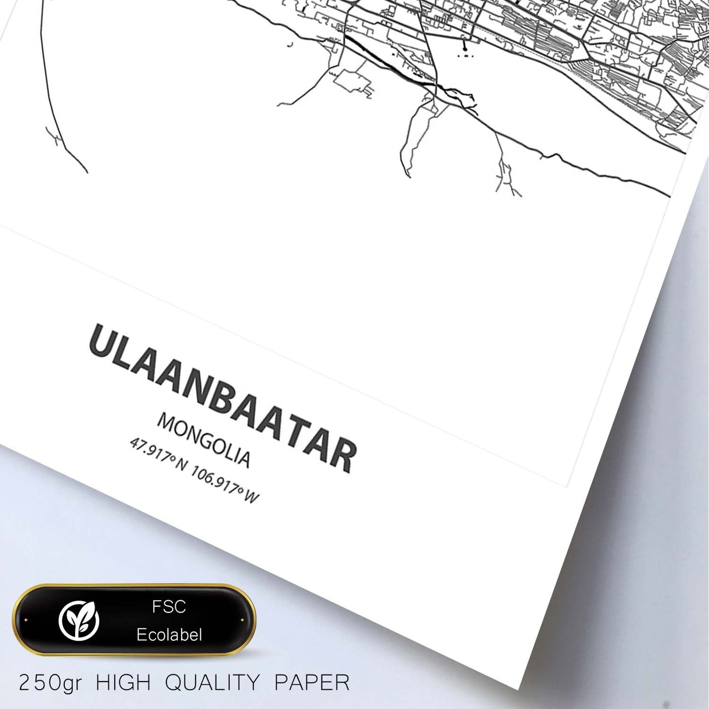 Poster con mapa de Ulaanbaatar - Mongolia. Láminas de ciudades de Asia con mares y ríos en color negro.-Artwork-Nacnic-Nacnic Estudio SL