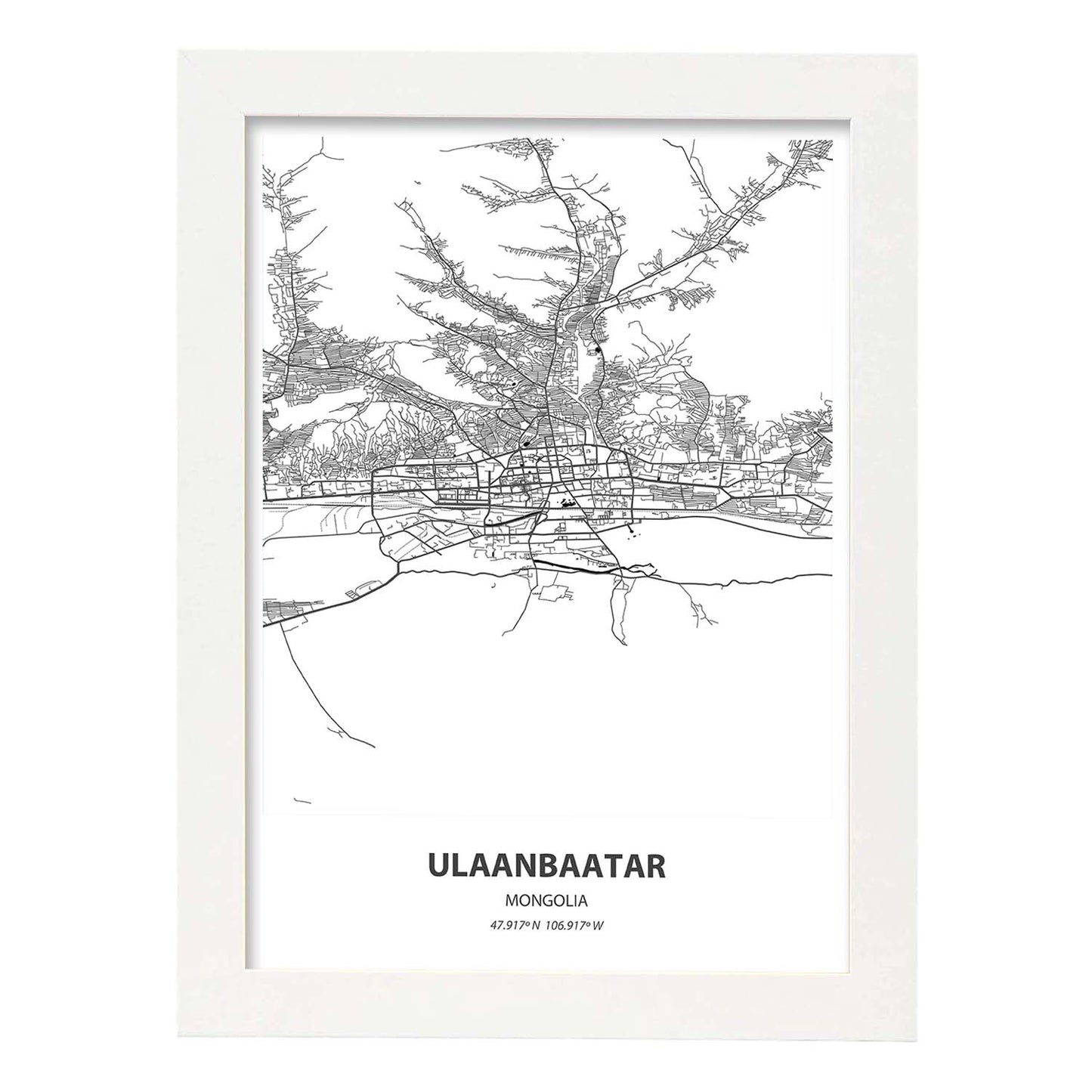 Poster con mapa de Ulaanbaatar - Mongolia. Láminas de ciudades de Asia con mares y ríos en color negro.-Artwork-Nacnic-A3-Marco Blanco-Nacnic Estudio SL