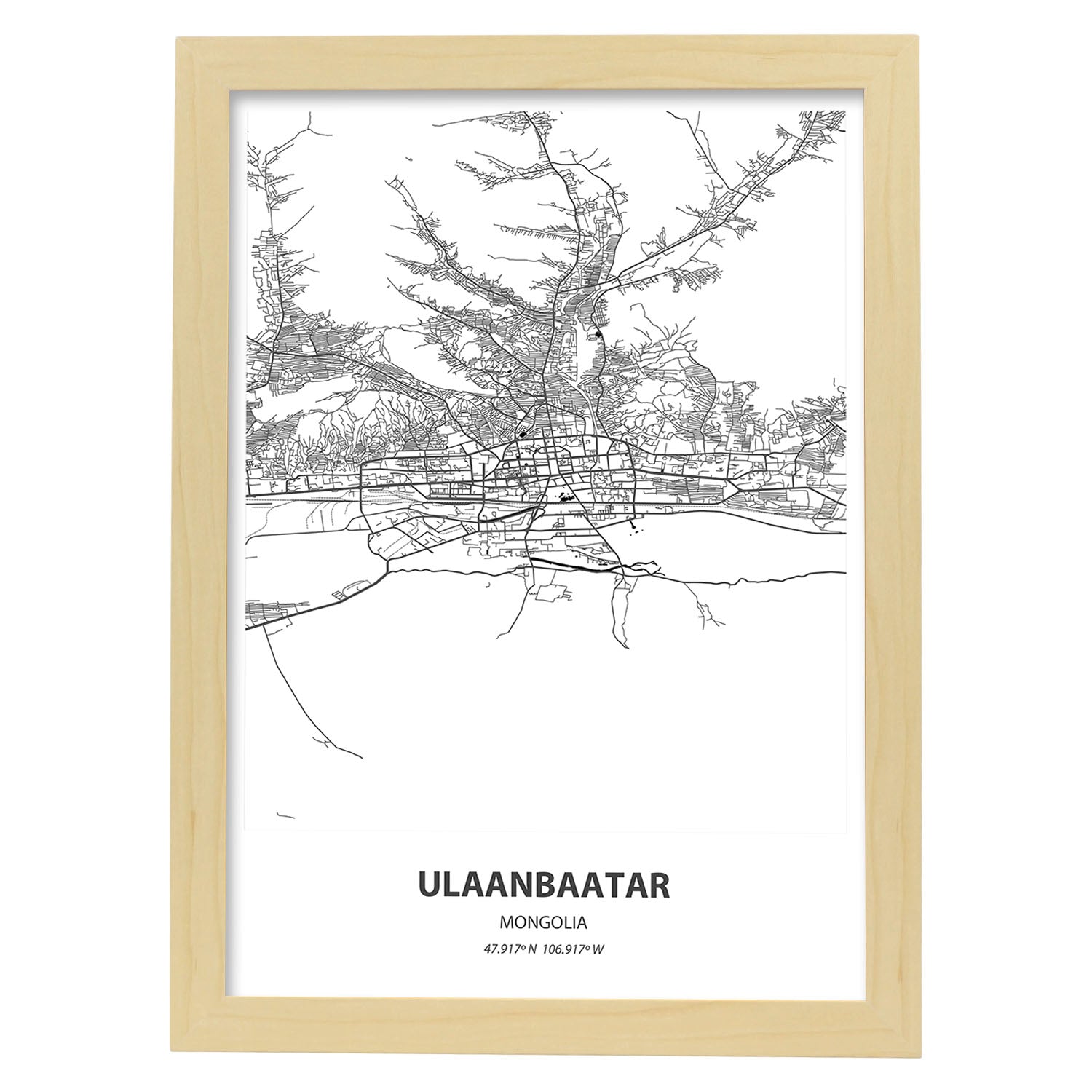 Poster con mapa de Ulaanbaatar - Mongolia. Láminas de ciudades de Asia con mares y ríos en color negro.-Artwork-Nacnic-A3-Marco Madera clara-Nacnic Estudio SL