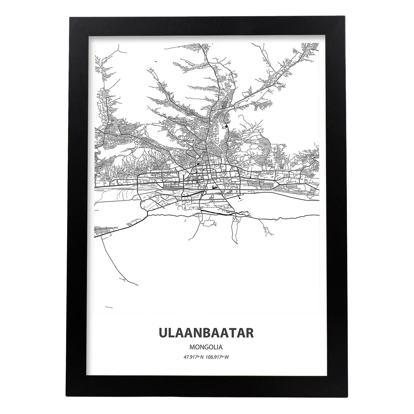 Poster con mapa de Ulaanbaatar - Mongolia. Láminas de ciudades de Asia con mares y ríos en color negro.-Artwork-Nacnic-A3-Marco Negro-Nacnic Estudio SL