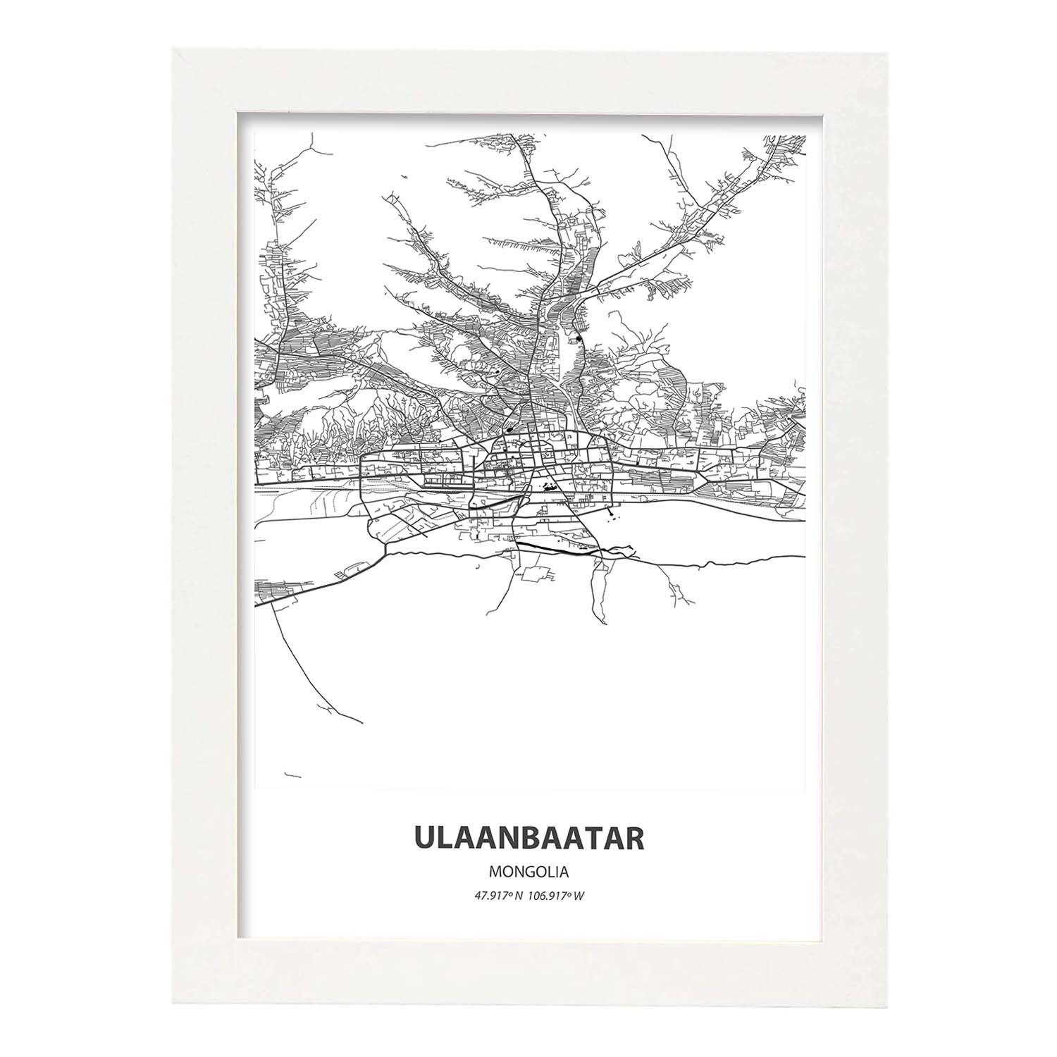 Poster con mapa de Ulaanbaatar - Mongolia. Láminas de ciudades de Asia con mares y ríos en color negro.-Artwork-Nacnic-A4-Marco Blanco-Nacnic Estudio SL