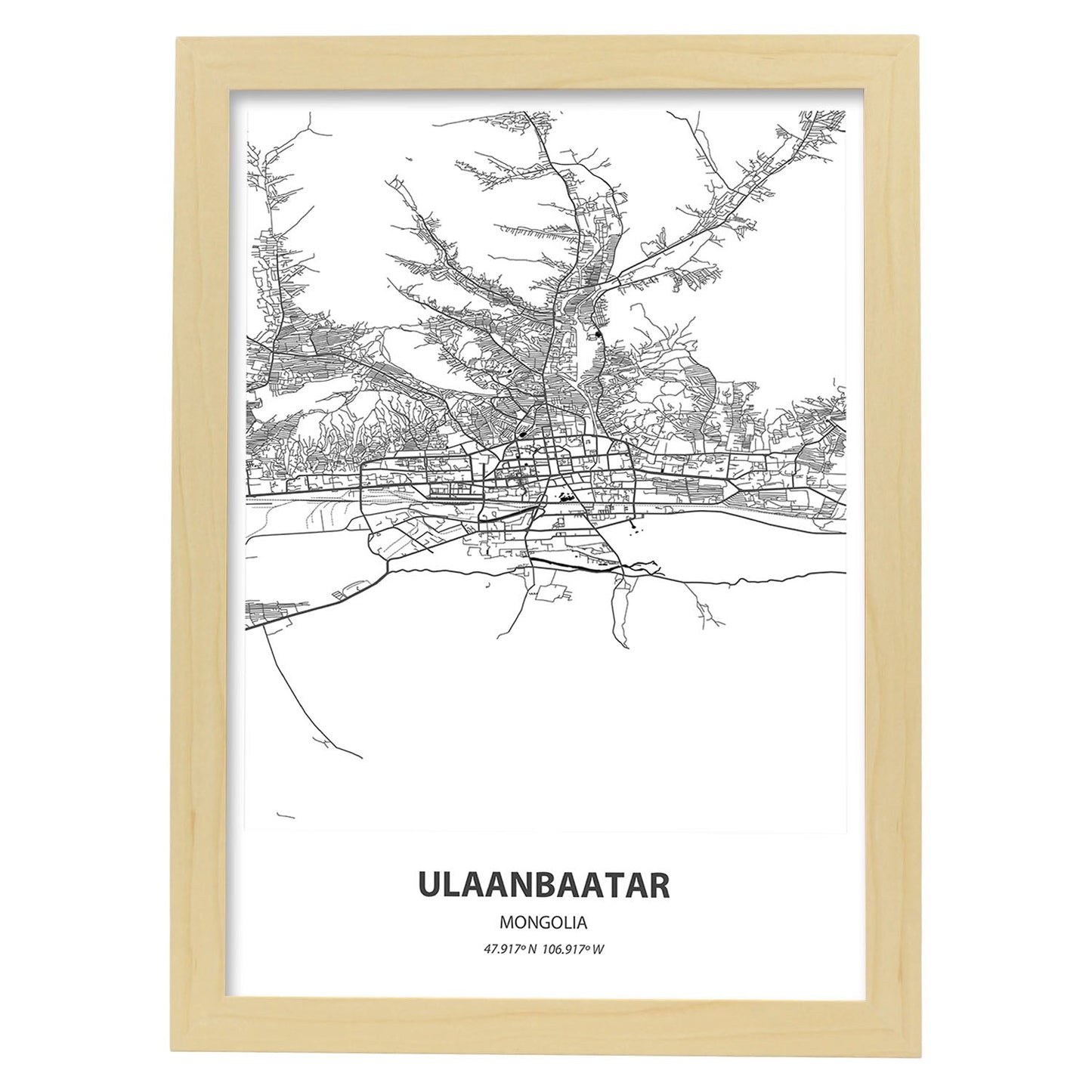 Poster con mapa de Ulaanbaatar - Mongolia. Láminas de ciudades de Asia con mares y ríos en color negro.-Artwork-Nacnic-A4-Marco Madera clara-Nacnic Estudio SL