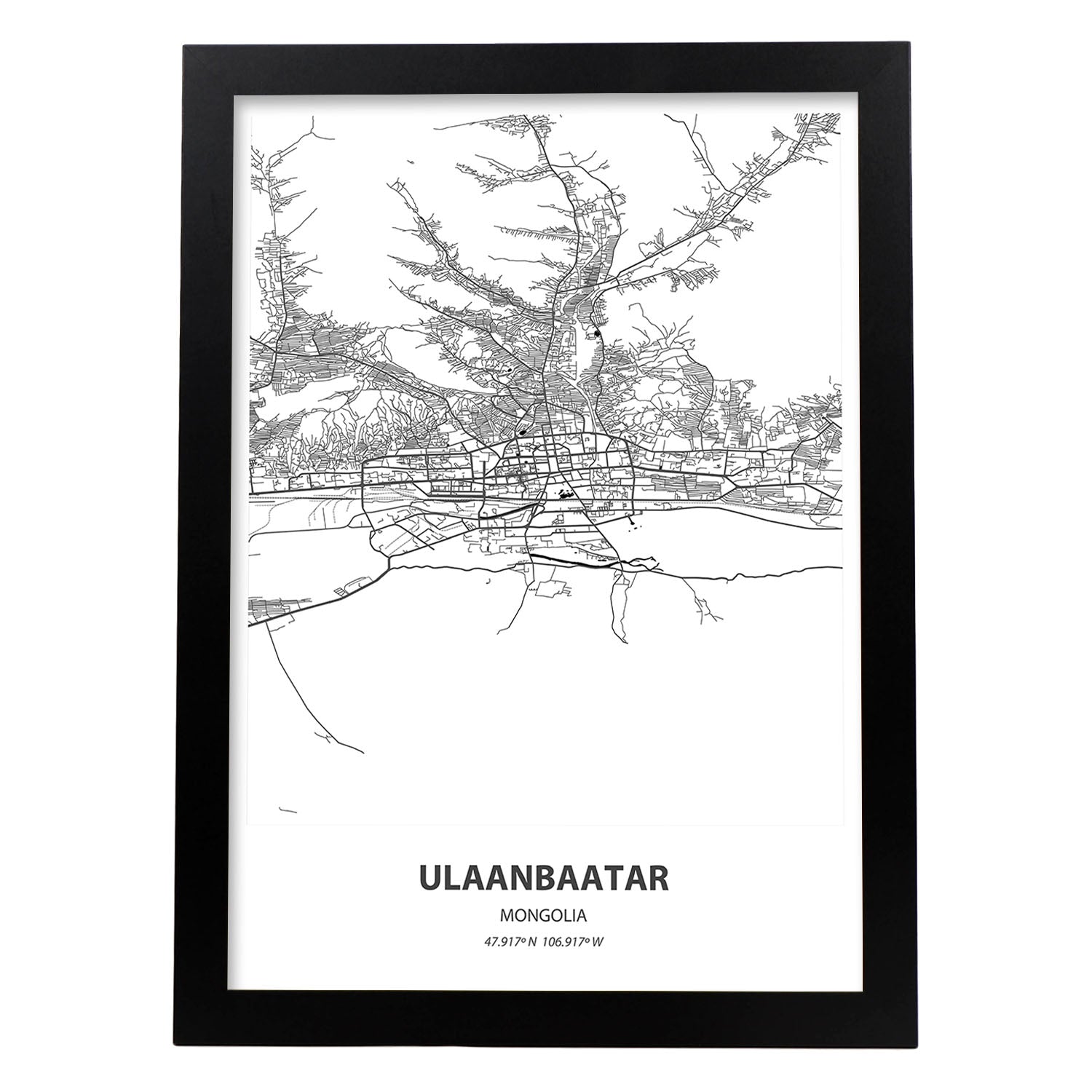 Poster con mapa de Ulaanbaatar - Mongolia. Láminas de ciudades de Asia con mares y ríos en color negro.-Artwork-Nacnic-A4-Marco Negro-Nacnic Estudio SL