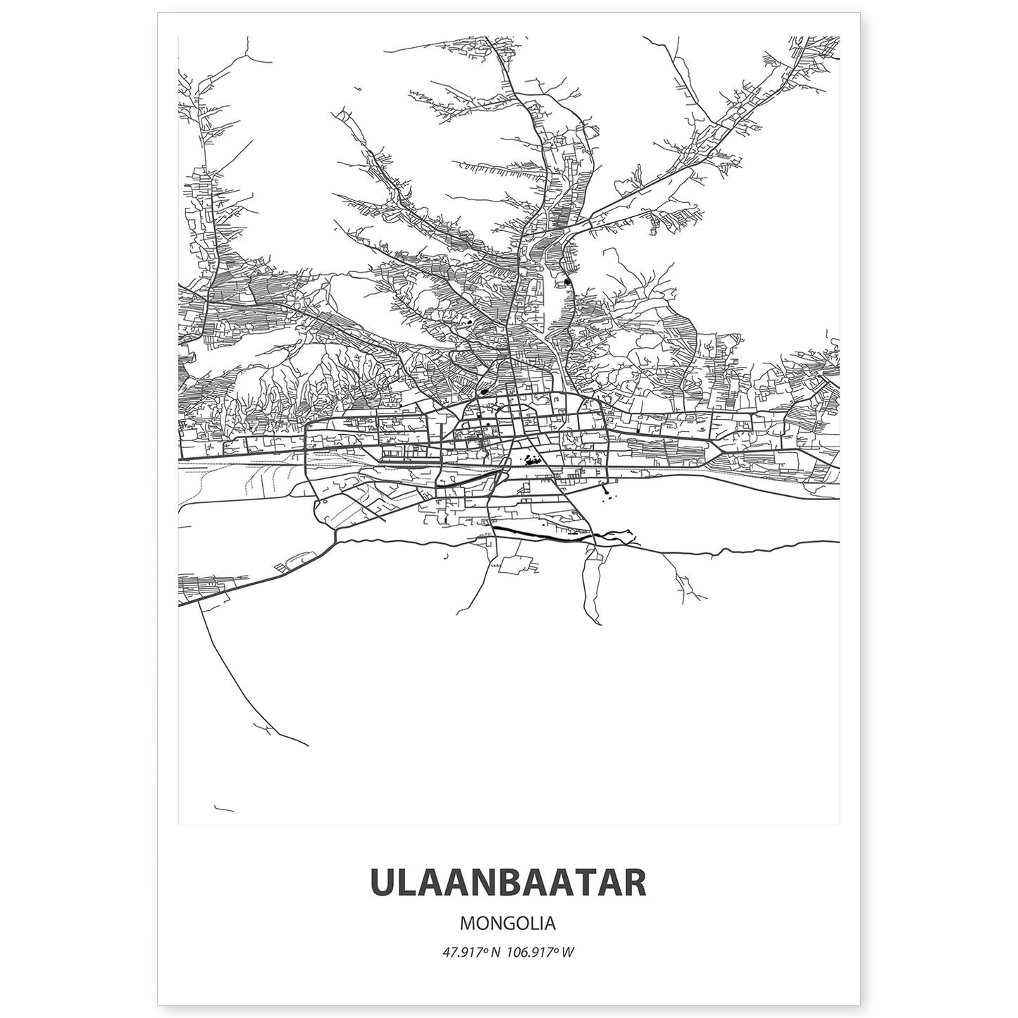 Poster con mapa de Ulaanbaatar - Mongolia. Láminas de ciudades de Asia con mares y ríos en color negro.-Artwork-Nacnic-A4-Sin marco-Nacnic Estudio SL