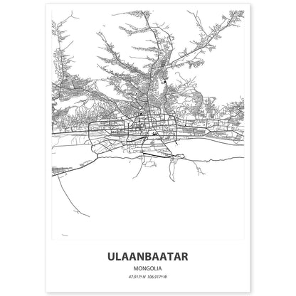 Poster con mapa de Ulaanbaatar - Mongolia. Láminas de ciudades de Asia con mares y ríos en color negro.-Artwork-Nacnic-A4-Sin marco-Nacnic Estudio SL