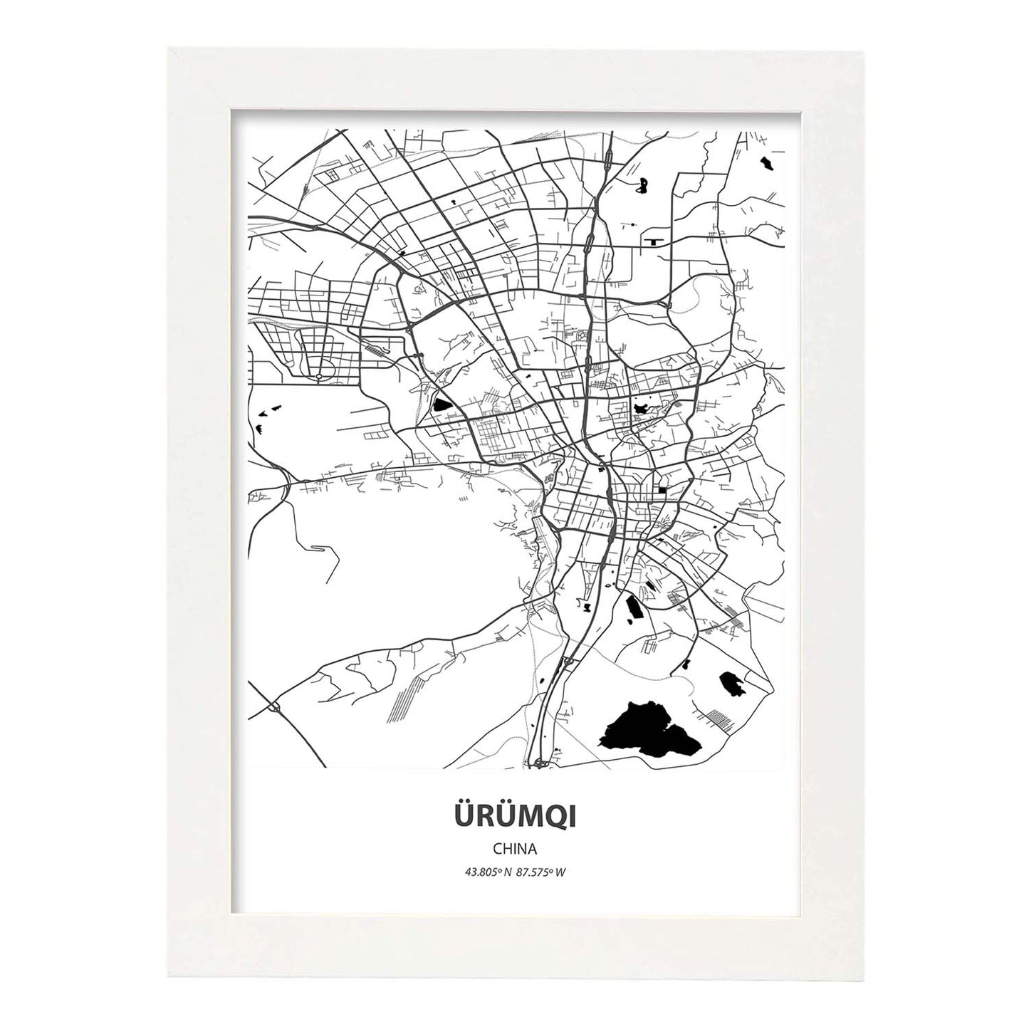Poster con mapa de Urumqi - China. Láminas de ciudades de África con mares y ríos en color negro.-Artwork-Nacnic-A3-Marco Blanco-Nacnic Estudio SL