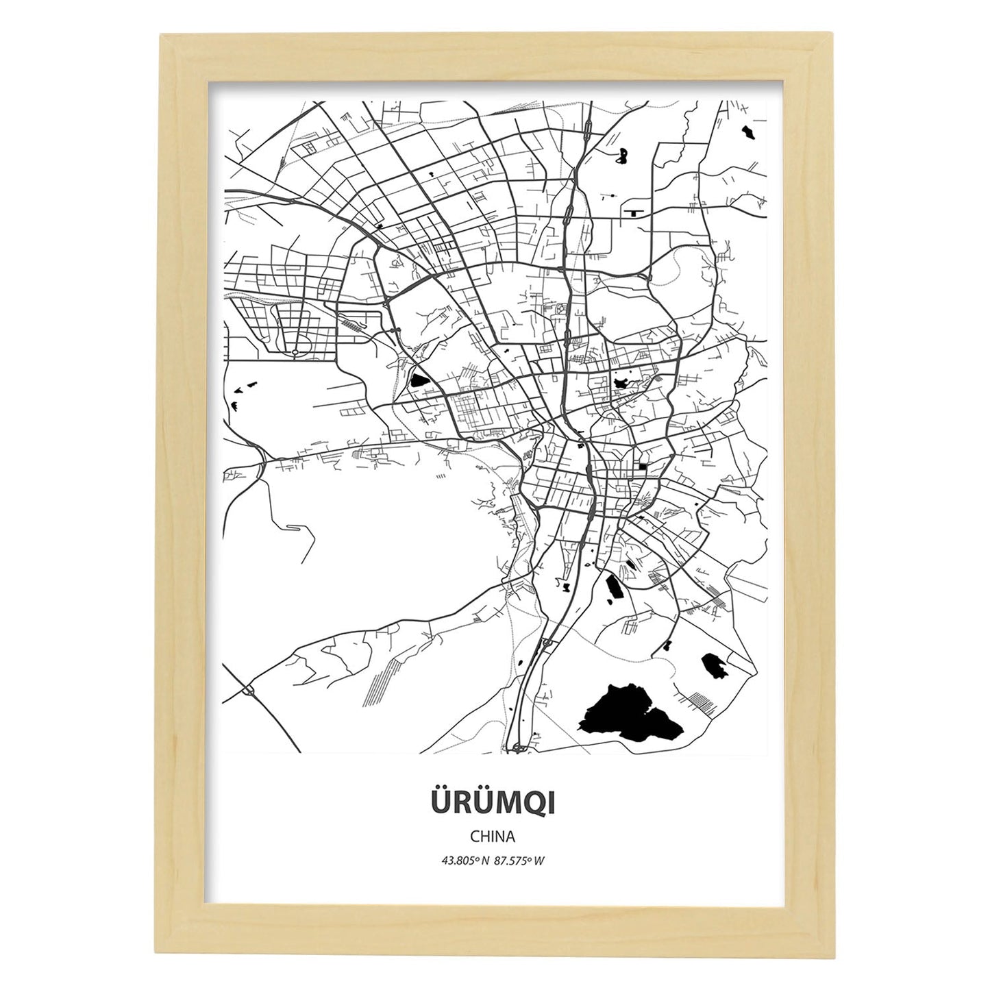 Poster con mapa de Urumqi - China. Láminas de ciudades de África con mares y ríos en color negro.-Artwork-Nacnic-A3-Marco Madera clara-Nacnic Estudio SL
