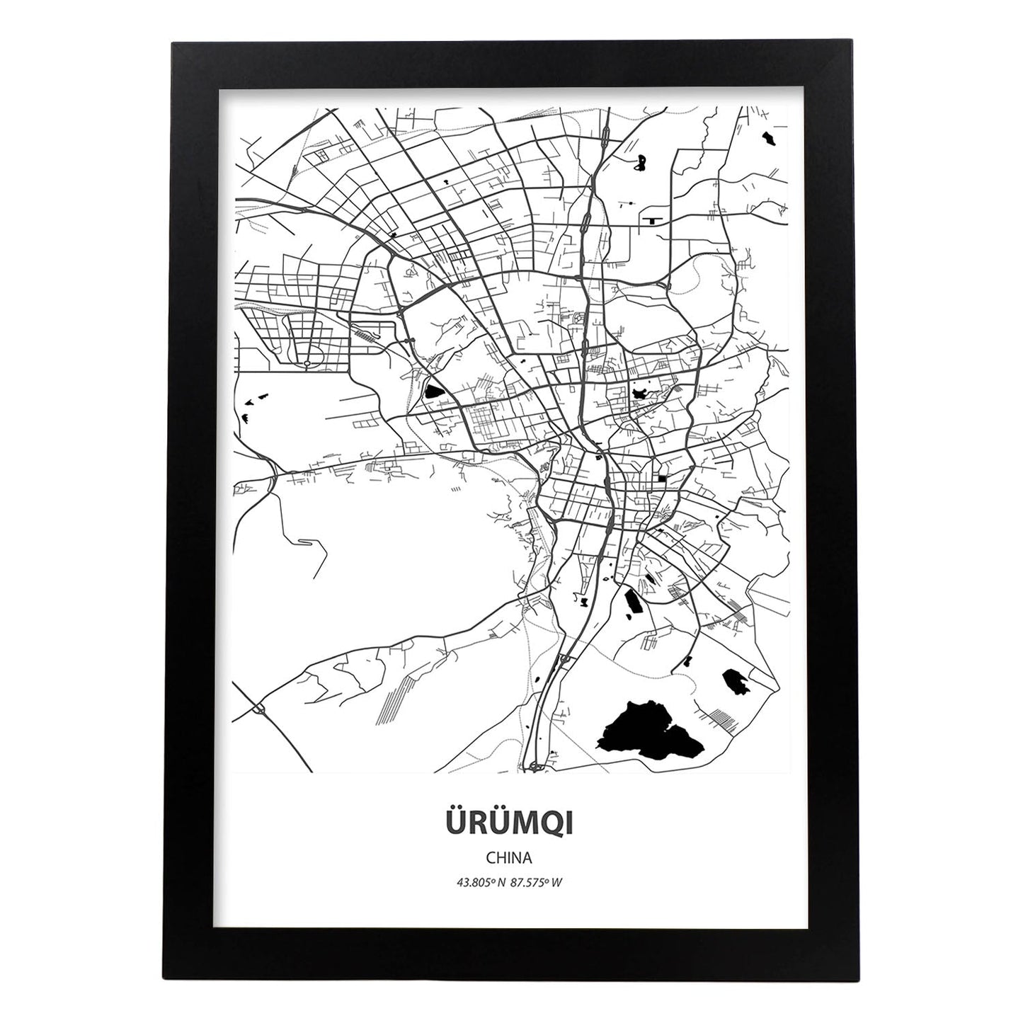 Poster con mapa de Urumqi - China. Láminas de ciudades de África con mares y ríos en color negro.-Artwork-Nacnic-A3-Marco Negro-Nacnic Estudio SL