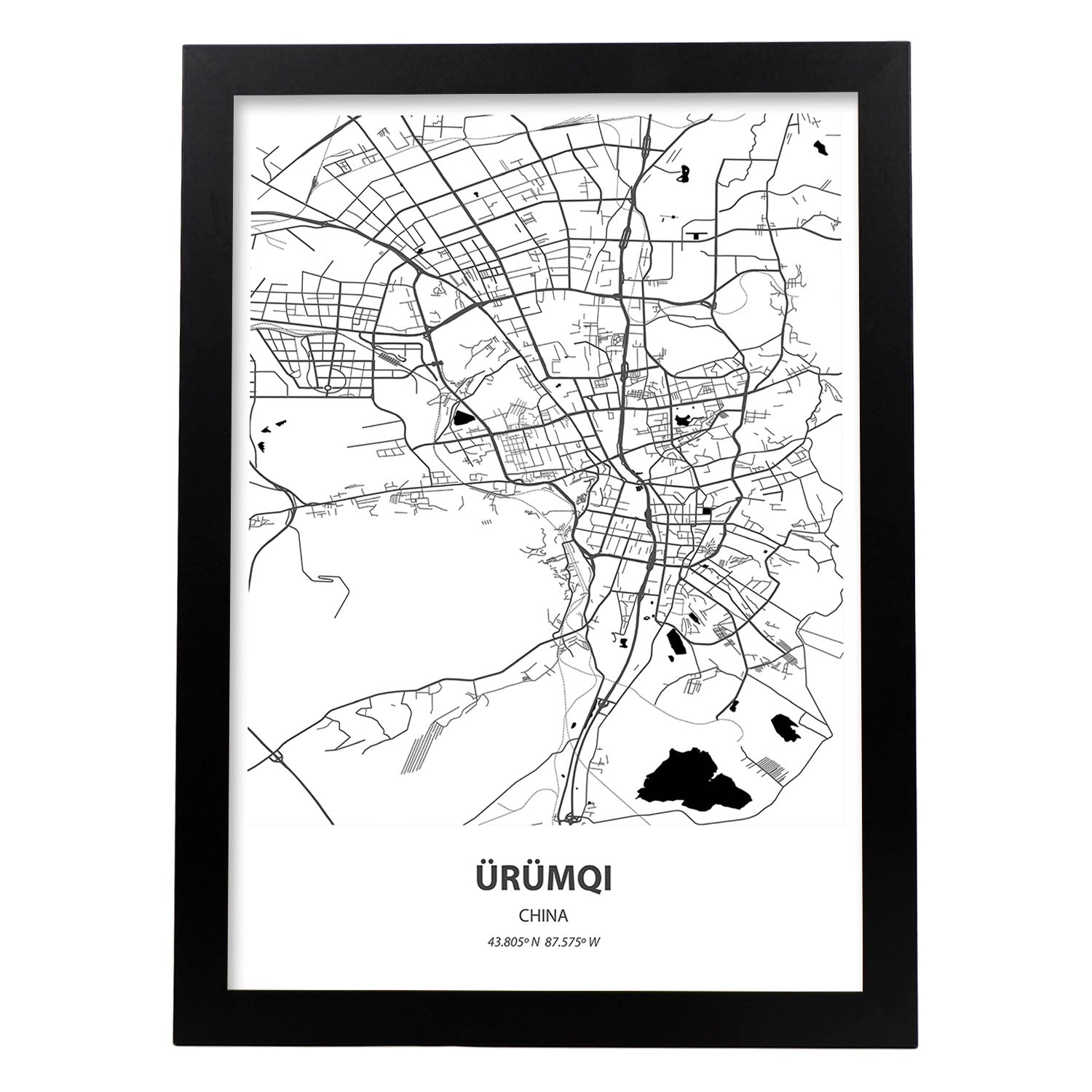 Poster con mapa de Urumqi - China. Láminas de ciudades de África con mares y ríos en color negro.-Artwork-Nacnic-A3-Marco Negro-Nacnic Estudio SL
