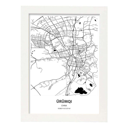 Poster con mapa de Urumqi - China. Láminas de ciudades de África con mares y ríos en color negro.-Artwork-Nacnic-A4-Marco Blanco-Nacnic Estudio SL