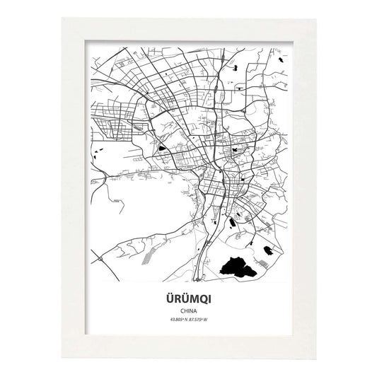 Poster con mapa de Urumqi - China. Láminas de ciudades de África con mares y ríos en color negro.-Artwork-Nacnic-A4-Marco Blanco-Nacnic Estudio SL