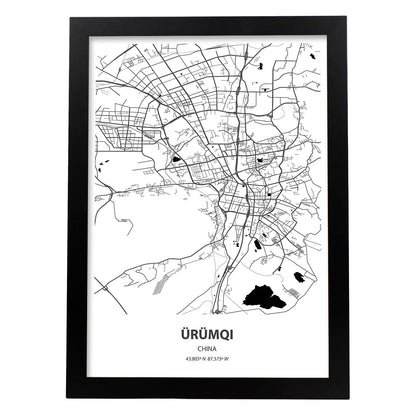 Poster con mapa de Urumqi - China. Láminas de ciudades de África con mares y ríos en color negro.-Artwork-Nacnic-A4-Marco Negro-Nacnic Estudio SL