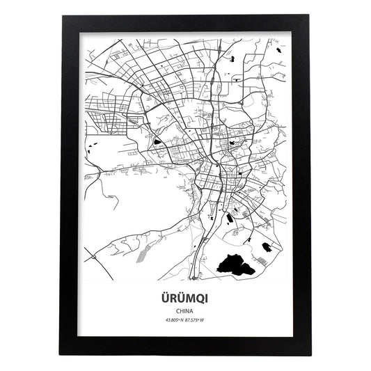 Poster con mapa de Urumqi - China. Láminas de ciudades de África con mares y ríos en color negro.-Artwork-Nacnic-A4-Marco Negro-Nacnic Estudio SL