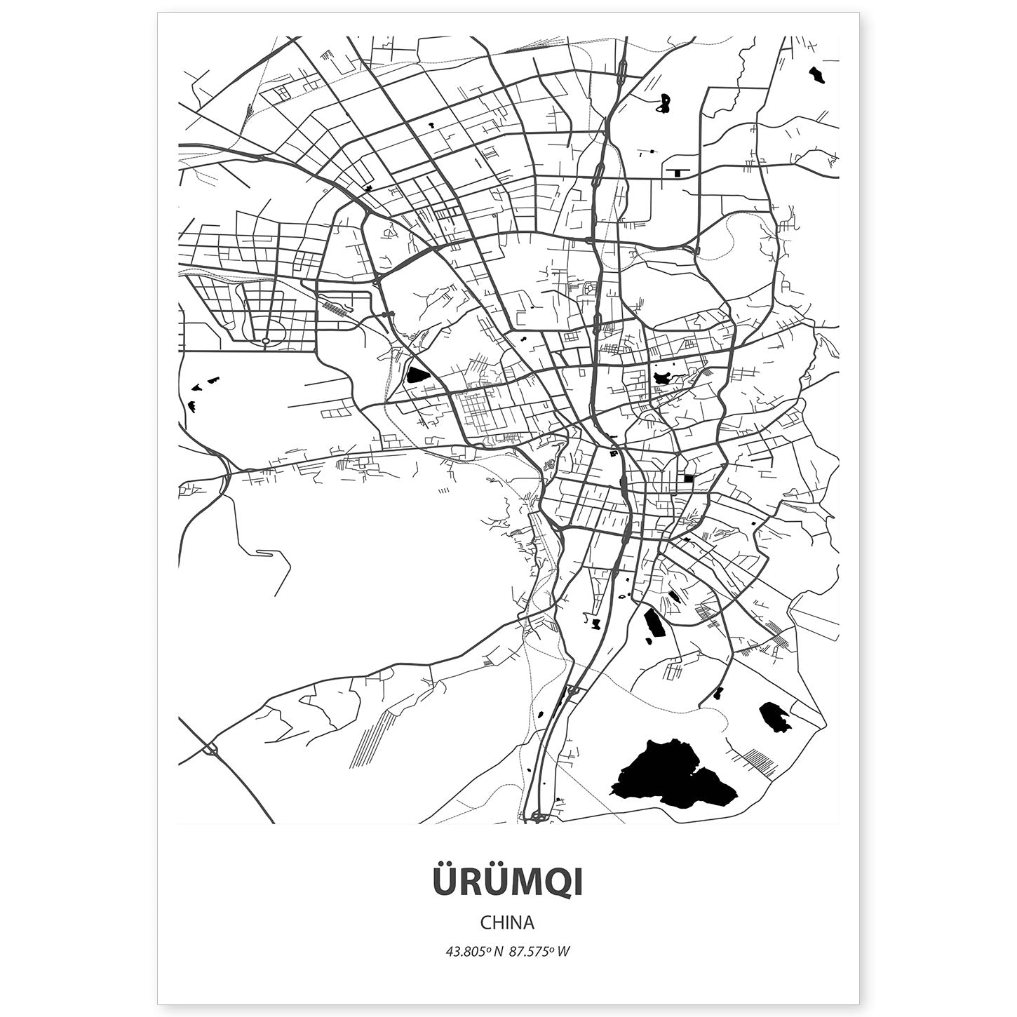 Poster con mapa de Urumqi - China. Láminas de ciudades de África con mares y ríos en color negro.-Artwork-Nacnic-A4-Sin marco-Nacnic Estudio SL