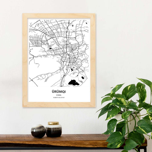 Poster con mapa de Urumqi - China. Láminas de ciudades de África con mares y ríos en color negro.-Artwork-Nacnic-Nacnic Estudio SL