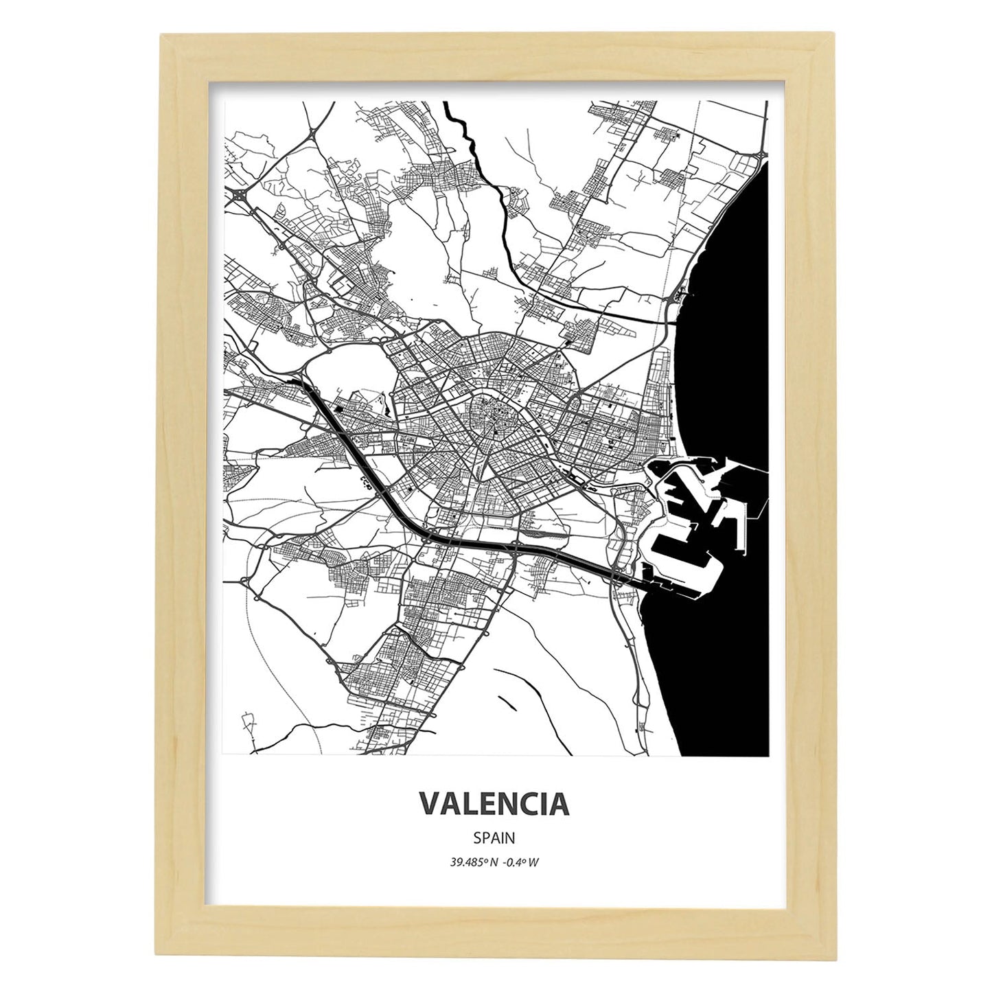 Poster con mapa de Valencia - España. Láminas de ciudades de España con mares y ríos en color negro.-Artwork-Nacnic-A3-Marco Madera clara-Nacnic Estudio SL