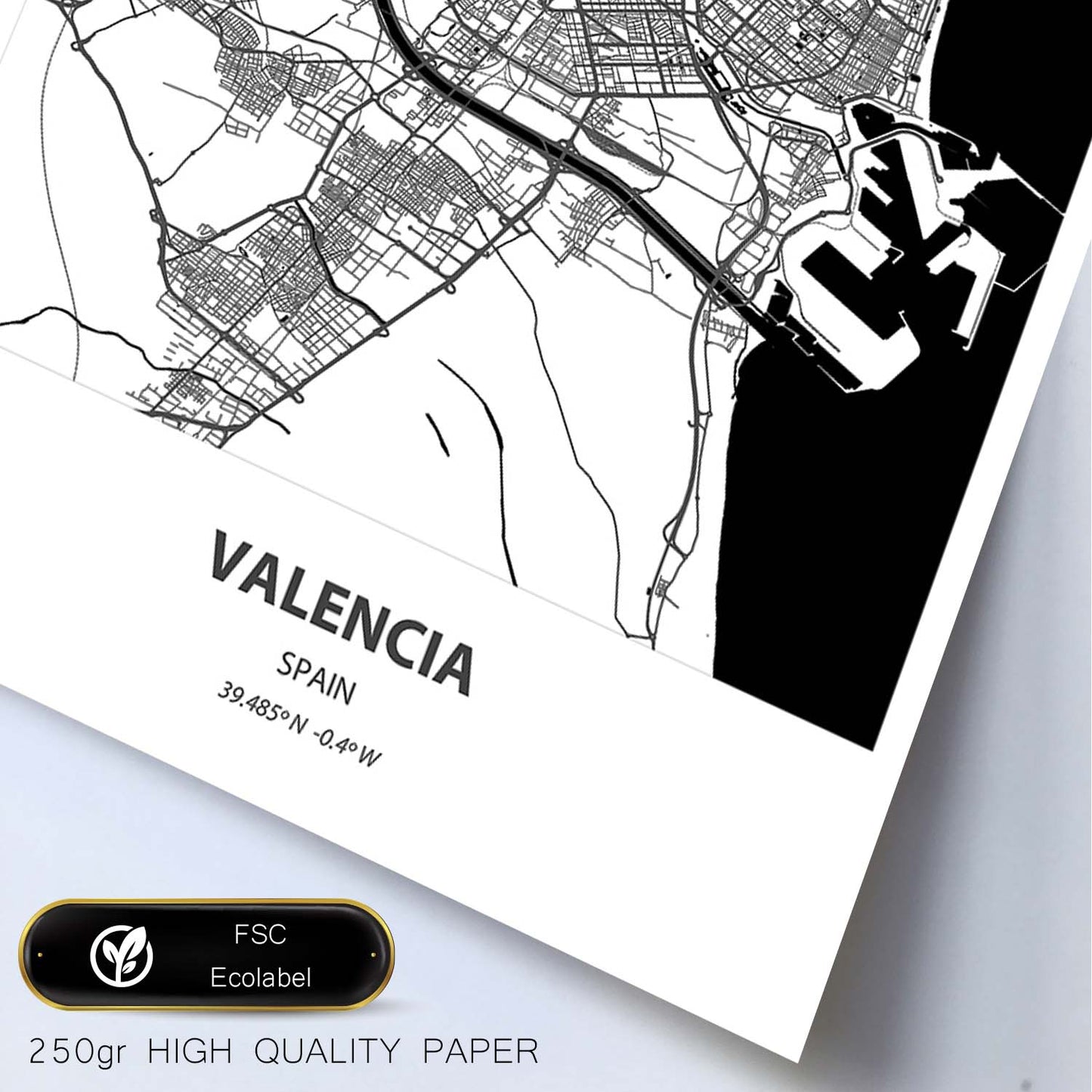 Poster con mapa de Valencia - España. Láminas de ciudades de España con mares y ríos en color negro.-Artwork-Nacnic-Nacnic Estudio SL