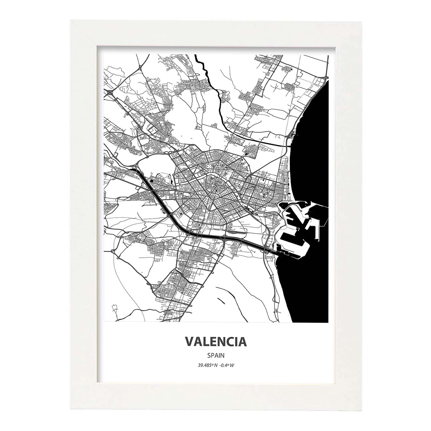 Poster con mapa de Valencia - España. Láminas de ciudades de España con mares y ríos en color negro.-Artwork-Nacnic-A3-Marco Blanco-Nacnic Estudio SL