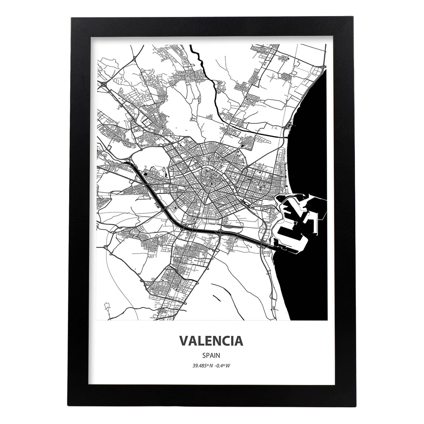 Poster con mapa de Valencia - España. Láminas de ciudades de España con mares y ríos en color negro.-Artwork-Nacnic-A3-Marco Negro-Nacnic Estudio SL