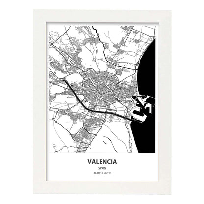 Poster con mapa de Valencia - España. Láminas de ciudades de España con mares y ríos en color negro.-Artwork-Nacnic-A4-Marco Blanco-Nacnic Estudio SL