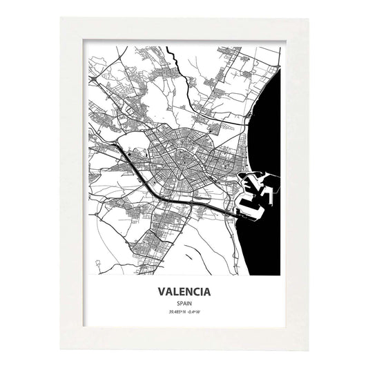 Poster con mapa de Valencia - España. Láminas de ciudades de España con mares y ríos en color negro.-Artwork-Nacnic-A4-Marco Blanco-Nacnic Estudio SL