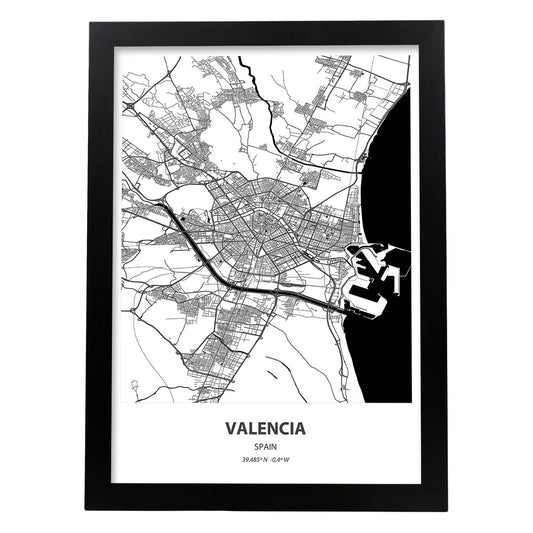 Poster con mapa de Valencia - España. Láminas de ciudades de España con mares y ríos en color negro.-Artwork-Nacnic-A4-Marco Negro-Nacnic Estudio SL
